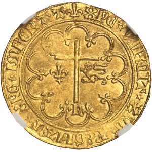 Henrich VI. anglický (1422-1453). Zlatý pozdrav 2. emisie ND (1422), ľalia, Saint-Lô.