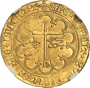 Jindřich VI. anglický (1422-1453). Zlatý pozdrav 2. emise ND (1422), lilie, Saint-Lô.