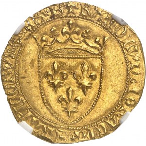 Karol (VII), dauphin a regent, v mene Karola VI (1418-1422). Zlatý štít, 2. typ, 1. emisia ND (január až júl 1421), B, Bourges.