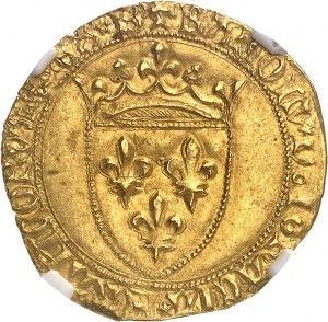 Karel (VII), dauphin a regent, jménem Karla VI (1418-1422). Zlatý štít, 2. typ, 1. emise ND (leden až červenec 1421), B, Bourges.
