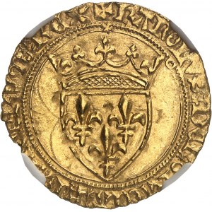 Karol VII (1422-1461). Zlatý štít s korunou 1. typ, 3. emisia ND (1424), Toulouse.