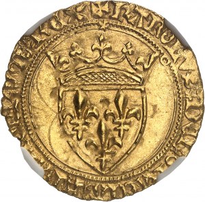Karol VII (1422-1461). Zlatý štít s korunou 1. typ, 3. emisia ND (1424), Toulouse.