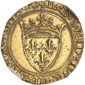 Karel VII (1422-1461). Zlatý štít s korunou 1. typ, 3. emise ND (1424), Toulouse.