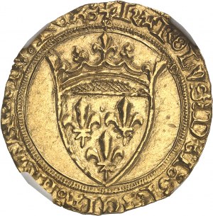 Karel VII (1422-1461). Zlatý štít s korunou 1. typ, 3. emise ND (1424), Toulouse.