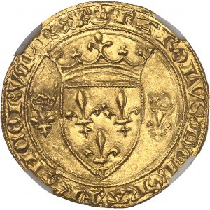Karel VII (1422-1461). Zlatý štít s korunou 3. typ, neboli nový štít, 2. emise ND (12. srpna 1445), Tournai.