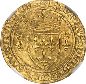 Karol VII (1422-1461). Zlatý štít s korunou 3. typ alebo nový štít, 2. emisia ND (12. augusta 1445), Tournai.