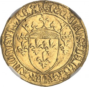 Karol VII (1422-1461). Zlatý štít s korunou 3. typ alebo nový štít, 6. emisia ND (1450-1461), Saint-Lô.