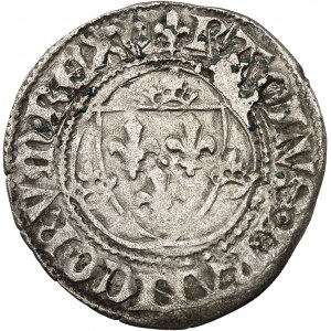 Carlo VII (1422-1461). Bianco con corona 3a emissione ND (1447-1455), V, Villefranche-de-Rouergue.