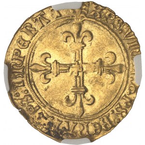 Ľudovít XII (1498-1514). Écu d'or au soleil du Dauphiné, 2. typ s ľaliou na reverze ND, Montélimar.