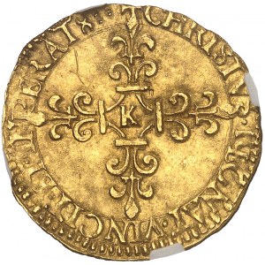 Karel IX (1560-1574). Zlatý štít se sluncem, 1. typ 1566, K, Bordeaux.