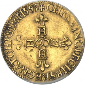 Henrich IV. (1589-1610). Zlatý štít so slnkom, 2. typ 1595, &amp;, Aix-en-Provence.