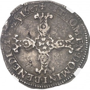 Henri IV (1589-1610). Quart d'écu, ecu de face, 2nd type, à la croix aux bras fleuronnés 1607, R, Villeneuve-lès-Avignon.