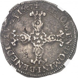Jindřich IV. (1589-1610). Čtvrcený štít, štít vpředu, 2. typ, s křížem a květovaným ramenem 1607, R, Villeneuve-lès-Avignon.