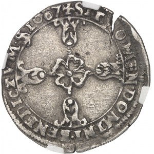 Enrico IV (1589-1610). Ottavo di scudo, scudo di fronte, 2° tipo, con croce e braccia fiorite 1607, R, Villeneuve-lès-Avignon.