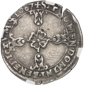 Henri IV (1589-1610). Huitième d’écu, écu de face, 2e type, à la croix aux bras fleuronnés 1607, R, Villeneuve-lès-Avignon.