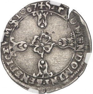 Henri IV (1589-1610). Huitième d'écu, ecu de face, 2nd type, à la croix aux bras fleuronnés 1607, R, Villeneuve-lès-Avignon.