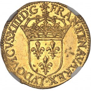 Ludvík XIII (1610-1643). Zlatý štít se sluncem, 1. typ 1635, B, Rouen.