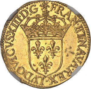 Ľudovít XIII (1610-1643). Zlatý štít so slnkom, 1. typ 1635, B, Rouen.
