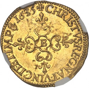 Luigi XIII (1610-1643). Scudo d'oro con sole, 1° tipo 1635, B, Rouen.