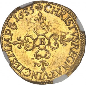 Ludvík XIII (1610-1643). Zlatý štít se sluncem, 1. typ 1635, B, Rouen.