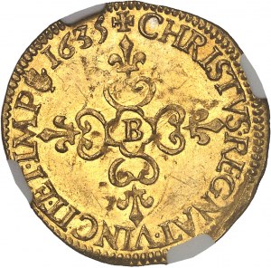Luigi XIII (1610-1643). Scudo d'oro con sole, 1° tipo 1635, B, Rouen.
