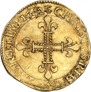 Ľudovít XIII (1610-1643). Zlatý štít so slnkom Dauphiné 1642, Z, Grenoble.