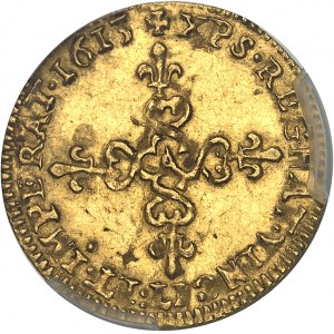 Ľudovít XIII (1610-1643). Zlatá polkoruna so slnkom, 1. typ 1613, A, Paríž.