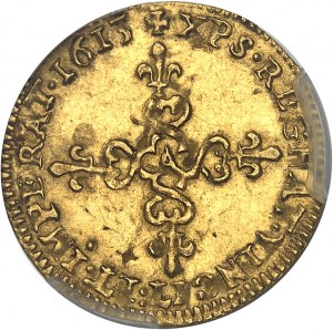 Ludwik XIII (1610-1643). Złota półkorona ze słońcem, 1. typ 1613, A, Paryż.