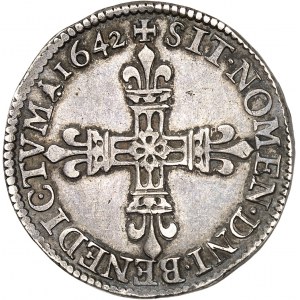 Luigi XIII (1610-1643). Quarto di scudo, 1° tipo, con scudo anteriore 1642, X, Amiens.