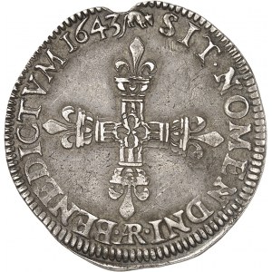 Louis XIV (1643-1715). Quart d’écu, 1er type, avec l’écu de face 1643, AR, Arras.