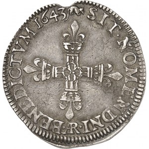 Ludwig XIV. (1643-1715). Quart d'écu, 1er type, avec l'écu de face 1643, AR, Arras.