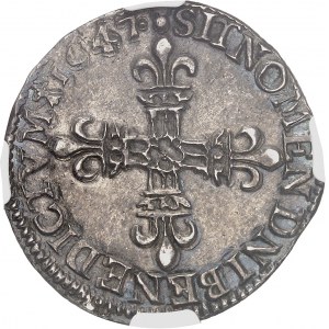 Louis XIV (1643-1715). Quart d’écu, 1er type, écu de face 1647, 9, Rennes.