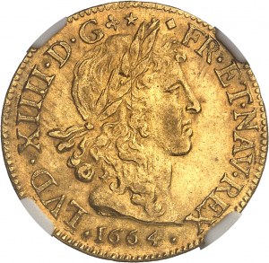 Ľudovít XIV (1643-1715). Louis d'or juvénile lauréile 1664, D, Lyon.