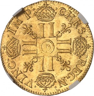 Ludvík XIV (1643-1715). Louis d'or juvénile lauréile 1665, D, Lyon.