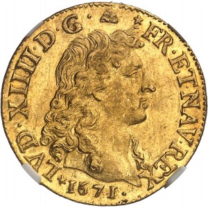 Ludvík XIV (1643-1715). Louis d'or à la tête nue 1671, D, Lyon.