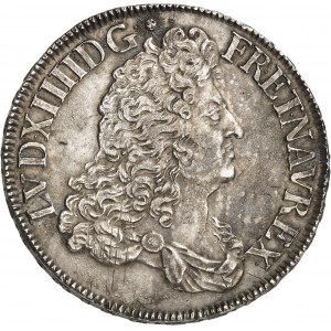 Louis XIV (1643-1715). Écu à la perruque avec buste drapé à l’antique, tranche en relief 1687, 9, Rennes.