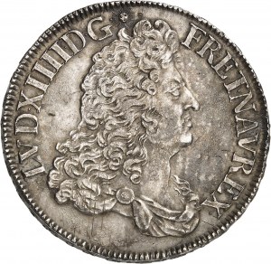 Louis XIV (1643-1715). Écu à la perruque avec buste drapé à l’antique, tranche en relief 1687, 9, Rennes.