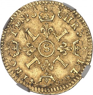 Louis XIV (1643-1715). Demi-louis d'or aux quatre L 1694, S, Reims.