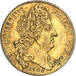 Louis XIV (1643-1715). Louis d’or aux insignes et aux cheveux longs, flan neuf 1706, A, Paris.