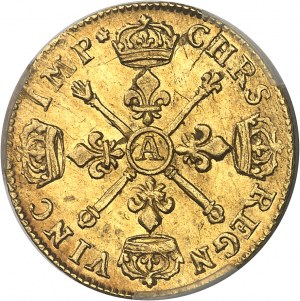 Ľudovít XIV (1643-1715). Louis d'or aux insignes et aux cheveux longs, nová flanelka 1706, A, Paríž.