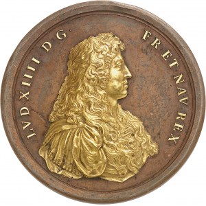 Ludvík XIV (1643-1715). Medaile, reliéf věnovaný Nizozemcům, bronz se zlacenými reliéfy, Jean Dollin 1666, Paříž.