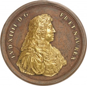 Luigi XIV (1643-1715). Medaglia, rilievo dato agli olandesi, in bronzo con rilievi dorati, di Jean Dollin 1666, Parigi.