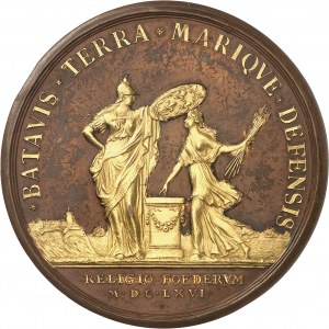 Ludvík XIV (1643-1715). Medaile, reliéf věnovaný Nizozemcům, bronz se zlacenými reliéfy, Jean Dollin 1666, Paříž.