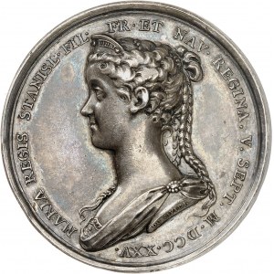 Ludwik XV (1715-1774). Medal, ślub króla Ludwika XV i królowej Marii Leszczyńskiej 5 września 1725 r. w Fontainebleau, autor: J. Duvivier 1725, Paryż.