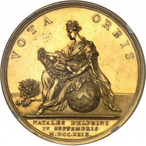 Ludwik XV (1715-1774). Złoty medal, Narodziny Delfina 4 września 1729 r., autor: J. Duvivier 1729, Paryż.