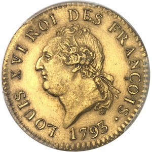 Costituzione (1791-1792). Prova del luigi d'oro da 24 livres, in bronzo dorato, colpo speciale (SP) 1793 - An 5/4, A, Parigi.
