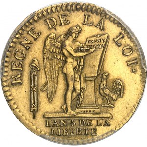 Costituzione (1791-1792). Prova del luigi d'oro da 24 livres, in bronzo dorato, colpo speciale (SP) 1793 - An 5/4, A, Parigi.