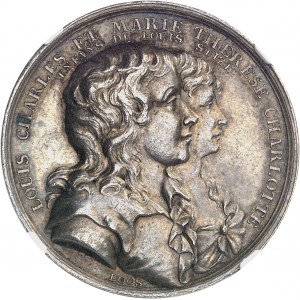 Ústava (1791-1792). Žetón, Ľudovít XVII. a Mária Terézia Šarlota, deti Ľudovíta XVI., záhada ich prežitia, Loos ND (okolo 1795), Berlín.