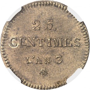 Convention (1792-1795). Test of 25 centimes Dupré in brass Year 3 (1794-1795), Paris.