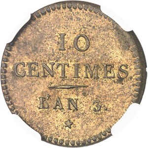 Konvent (1792-1795). Essai de 10 centimes au faisceau, massue et serpent, Dupré (bez podpisu), mosadz Rok 3 (1794-1795), Paríž.